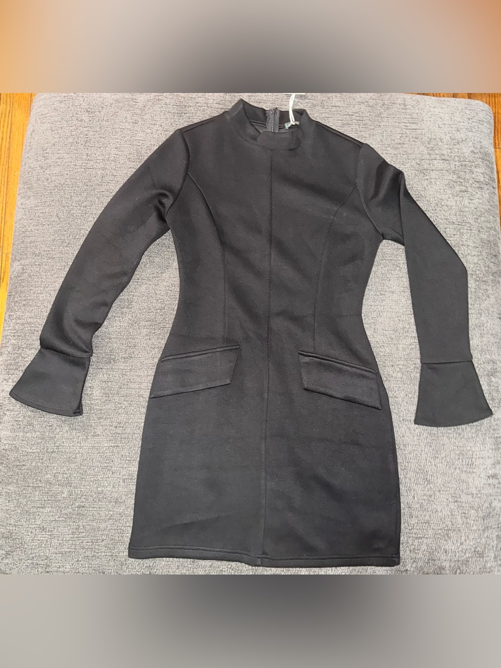 OFEFAN Bodycon Mini Dress Small Mock Neck Bell Sleeve NWT Black Cocktail Dress - Picture 7 of 12